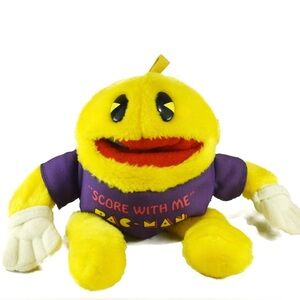 👾Vintage 1980s Knickerbocker Pac Man "Score with Me" Purple Shirt Bean Bag Plush